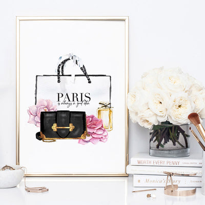 Shopping in Paris II - Art Print, Poster, Stretched Canvas or Framed Wall Art Prints, shown framed in a room