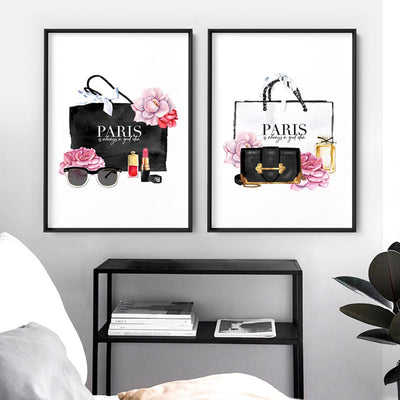 Shopping in Paris II - Art Print, Poster, Stretched Canvas or Framed Wall Art, shown framed in a home interior space