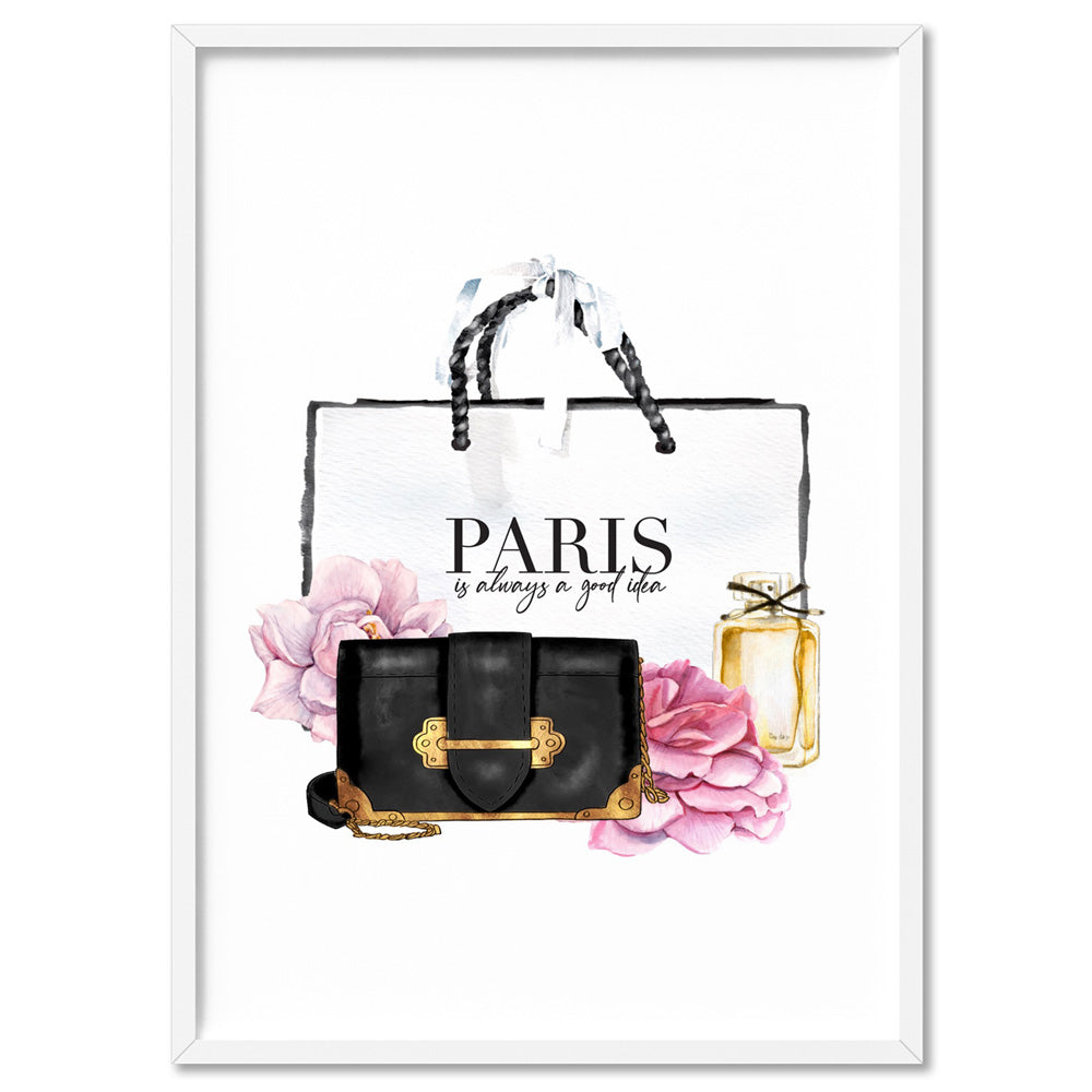 Shopping in Paris II - Art Print, Poster, Stretched Canvas, or Framed Wall Art Print, shown in a white frame