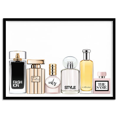 Perfume Bottles | Fashion Fades Quote Landscape - Art Print, Poster, Stretched Canvas, or Framed Wall Art Print, shown in a black frame