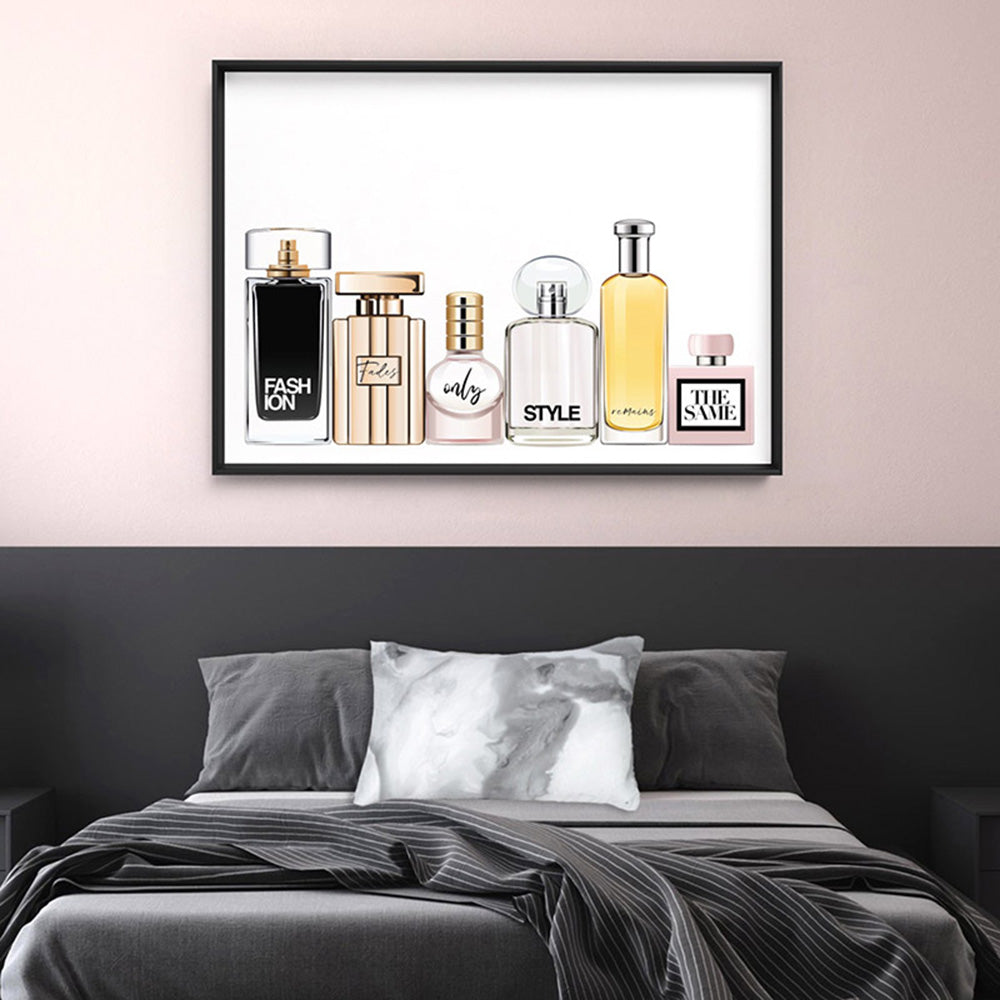 Perfume Bottles | Fashion Fades Quote Landscape - Art Print, Poster, Stretched Canvas or Framed Wall Art Prints, shown framed in a room