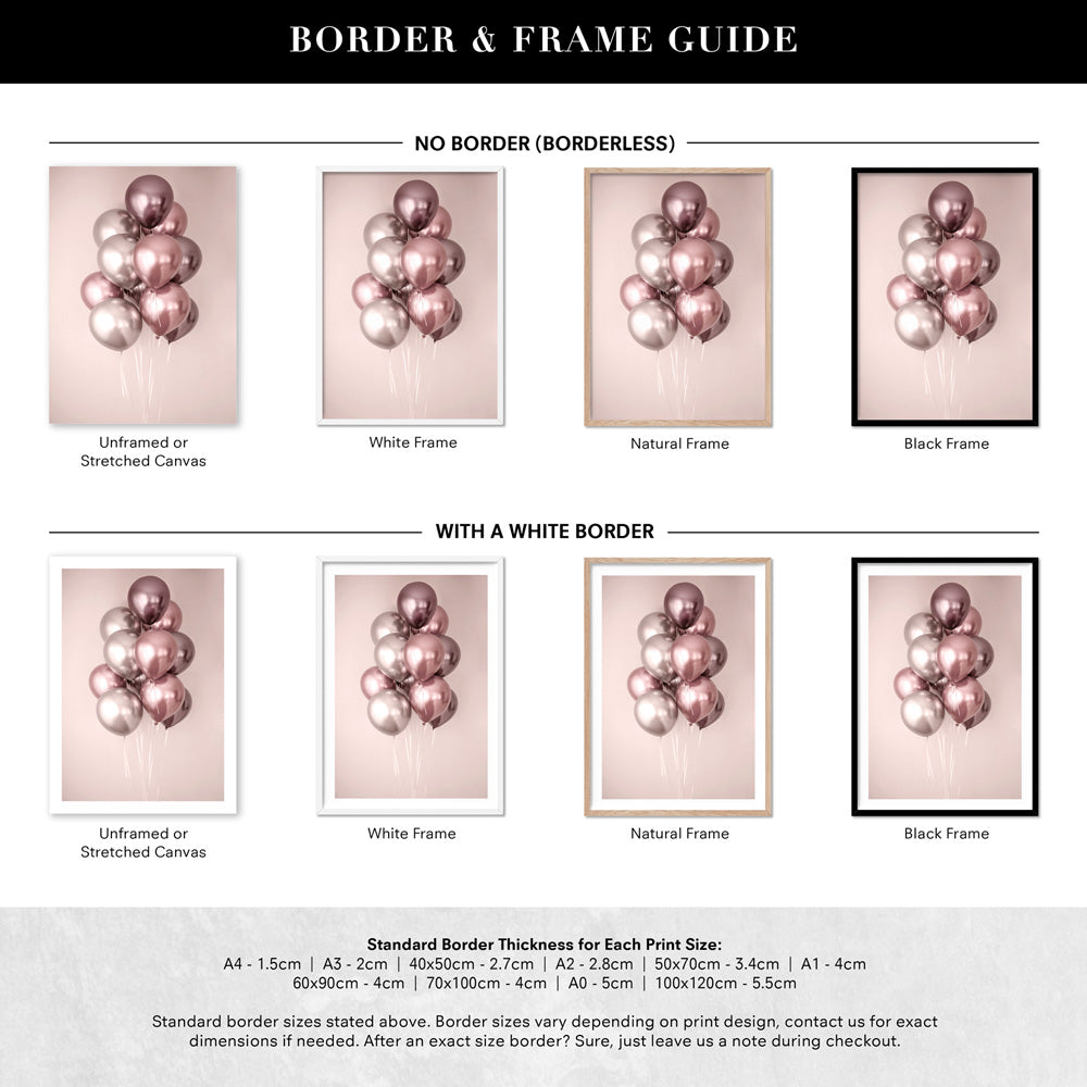 Rose Blush Balloons Bunch - Art Print, Poster, Stretched Canvas or Framed Wall Art, Showing White , Black, Natural Frame Colours, No Frame (Unframed) or Stretched Canvas, and With or Without White Borders