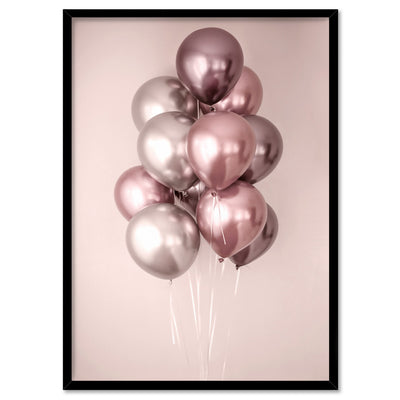 Rose Blush Balloons Bunch - Art Print, Poster, Stretched Canvas, or Framed Wall Art Print, shown in a black frame