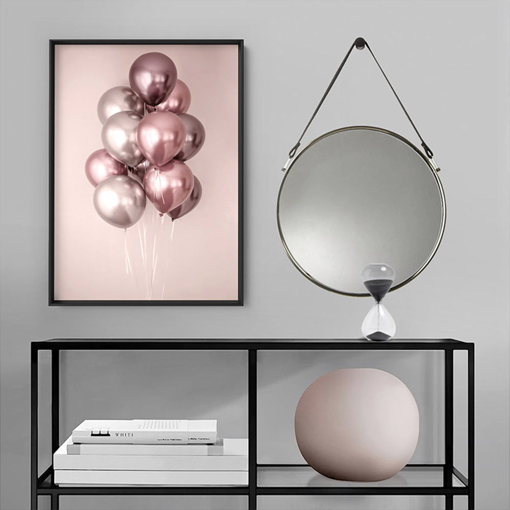 Rose Blush Balloons Bunch - Art Print, Poster, Stretched Canvas or Framed Wall Art Prints, shown framed in a room