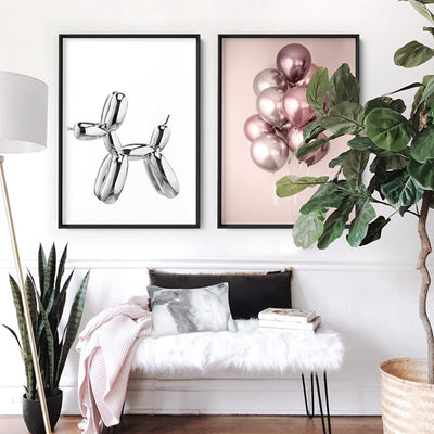 Rose Blush Balloons Bunch - Art Print, Poster, Stretched Canvas or Framed Wall Art, shown framed in a home interior space