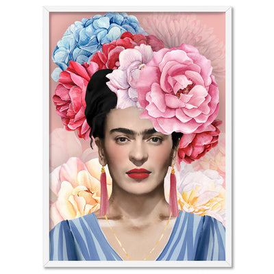 Frida Floral Blooms in Watercolour - Art Print, Poster, Stretched Canvas, or Framed Wall Art Print, shown in a white frame