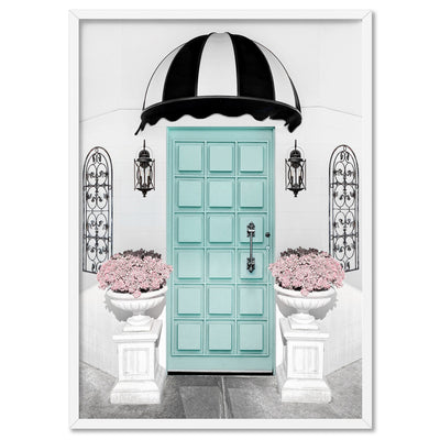 Tiffany Blue Entry at Parisian Cafe  - Art Print, Poster, Stretched Canvas, or Framed Wall Art Print, shown in a white frame