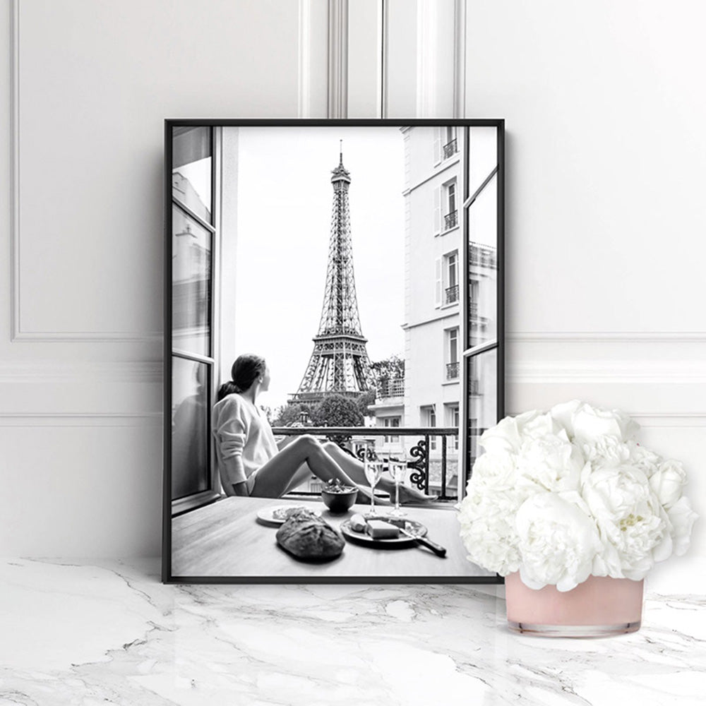 Breakfast in Paris - Art Print, Poster, Stretched Canvas or Framed Wall Art, shown framed in a room