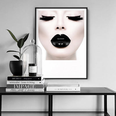 Cleopatra | Woman with Black Lips - Art Print, Poster, Stretched Canvas or Framed Wall Art, shown framed in a room