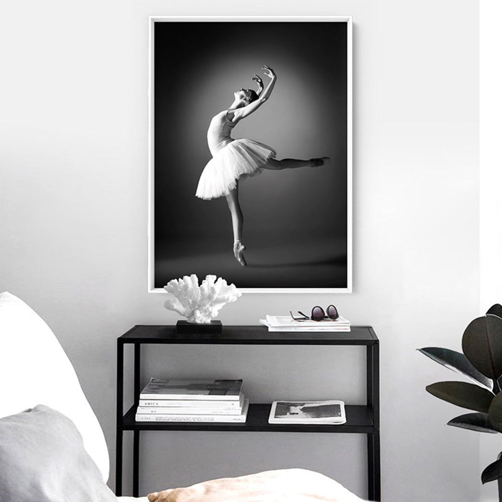 Ballerina Pose IV - Art Print, Poster, Stretched Canvas or Framed Wall Art, shown framed in a room