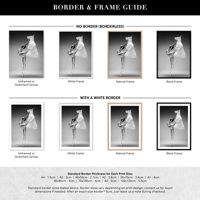 Ballerina Pose VI - Art Print, Poster, Stretched Canvas or Framed Wall Art, Showing White , Black, Natural Frame Colours, No Frame (Unframed) or Stretched Canvas, and With or Without White Borders