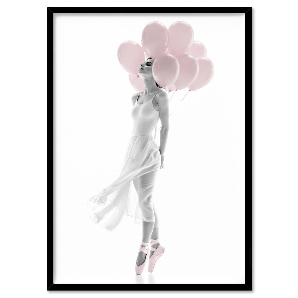 Pink Balloon Ballet II  - Art Print, Poster, Stretched Canvas, or Framed Wall Art Print, shown in a black frame