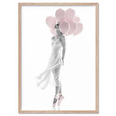 Pink Balloon Ballet II  - Art Print, Poster, Stretched Canvas, or Framed Wall Art Print, shown in a natural timber frame