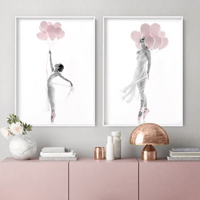 Pink Balloon Ballet II  - Art Print, Poster, Stretched Canvas or Framed Wall Art, shown framed in a home interior space