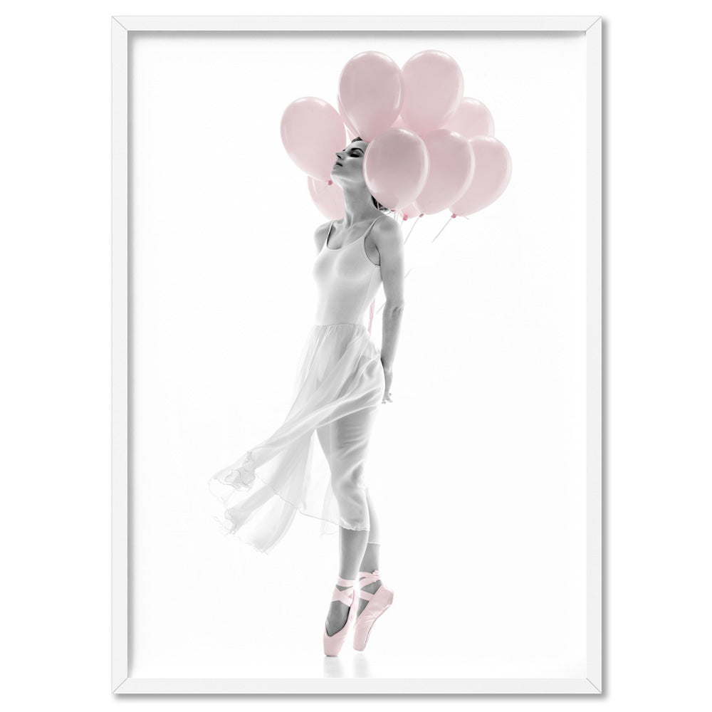 Pink Balloon Ballet II  - Art Print, Poster, Stretched Canvas, or Framed Wall Art Print, shown in a white frame