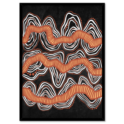 Shape of Country Mountains | Black & Orange - Art Print by Leah Cummins, Poster, Stretched Canvas, or Framed Wall Art Print, shown in a black frame