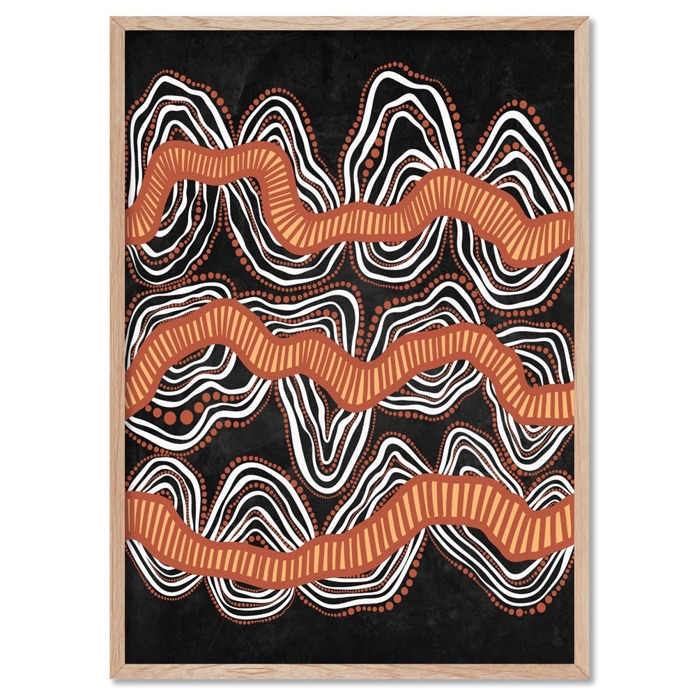 Shape of Country Mountains | Black & Orange - Art Print by Leah Cummins, Poster, Stretched Canvas, or Framed Wall Art Print, shown in a natural timber frame