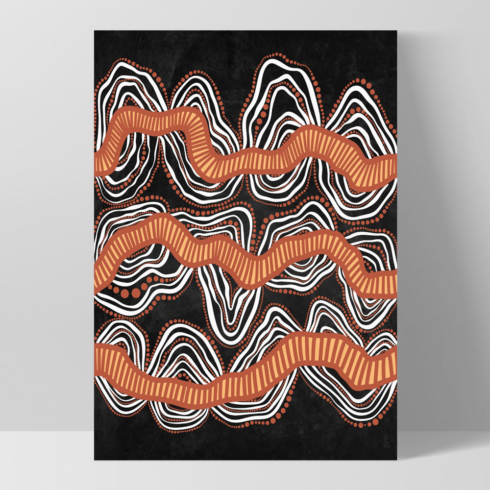 Shape of Country Mountains | Black & Orange - Art Print by Leah Cummins, Poster, Stretched Canvas, or Framed Wall Art Print, shown as a stretched canvas or poster without a frame