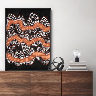 Shape of Country Mountains | Black & Orange - Art Print by Leah Cummins, Poster, Stretched Canvas or Framed Wall Art Prints, shown framed in a room