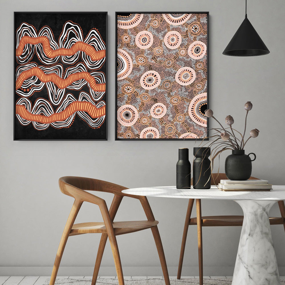 Shape of Country Mountains | Black & Orange - Art Print by Leah Cummins, Poster, Stretched Canvas or Framed Wall Art, shown framed in a home interior space
