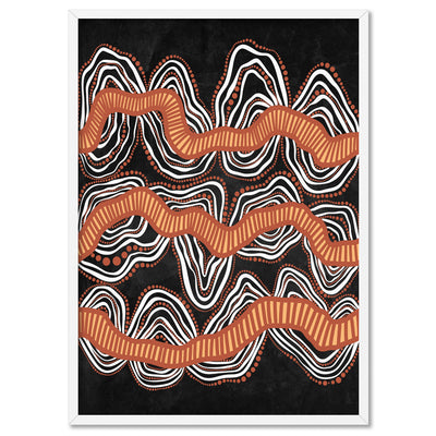 Shape of Country Mountains | Black & Orange - Art Print by Leah Cummins, Poster, Stretched Canvas, or Framed Wall Art Print, shown in a white frame