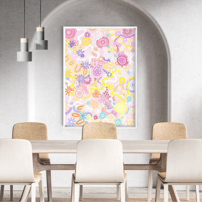 Country in Colour Pastel Brights - Art Print by Leah Cummins, Poster, Stretched Canvas or Framed Wall Art Prints, shown framed in a room