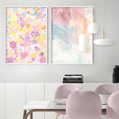 Country in Colour Pastel Brights - Art Print by Leah Cummins, Poster, Stretched Canvas or Framed Wall Art, shown framed in a home interior space