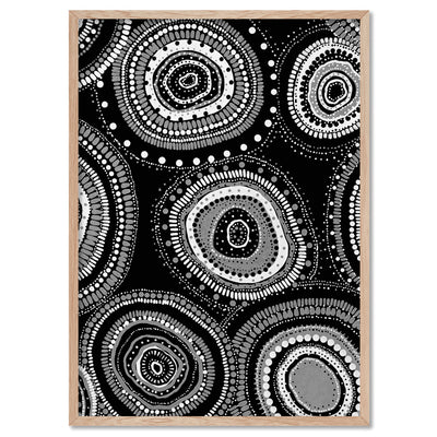 Dancing Bora Rings I B&W - Art Print by Leah Cummins, Poster, Stretched Canvas, or Framed Wall Art Print, shown in a natural timber frame