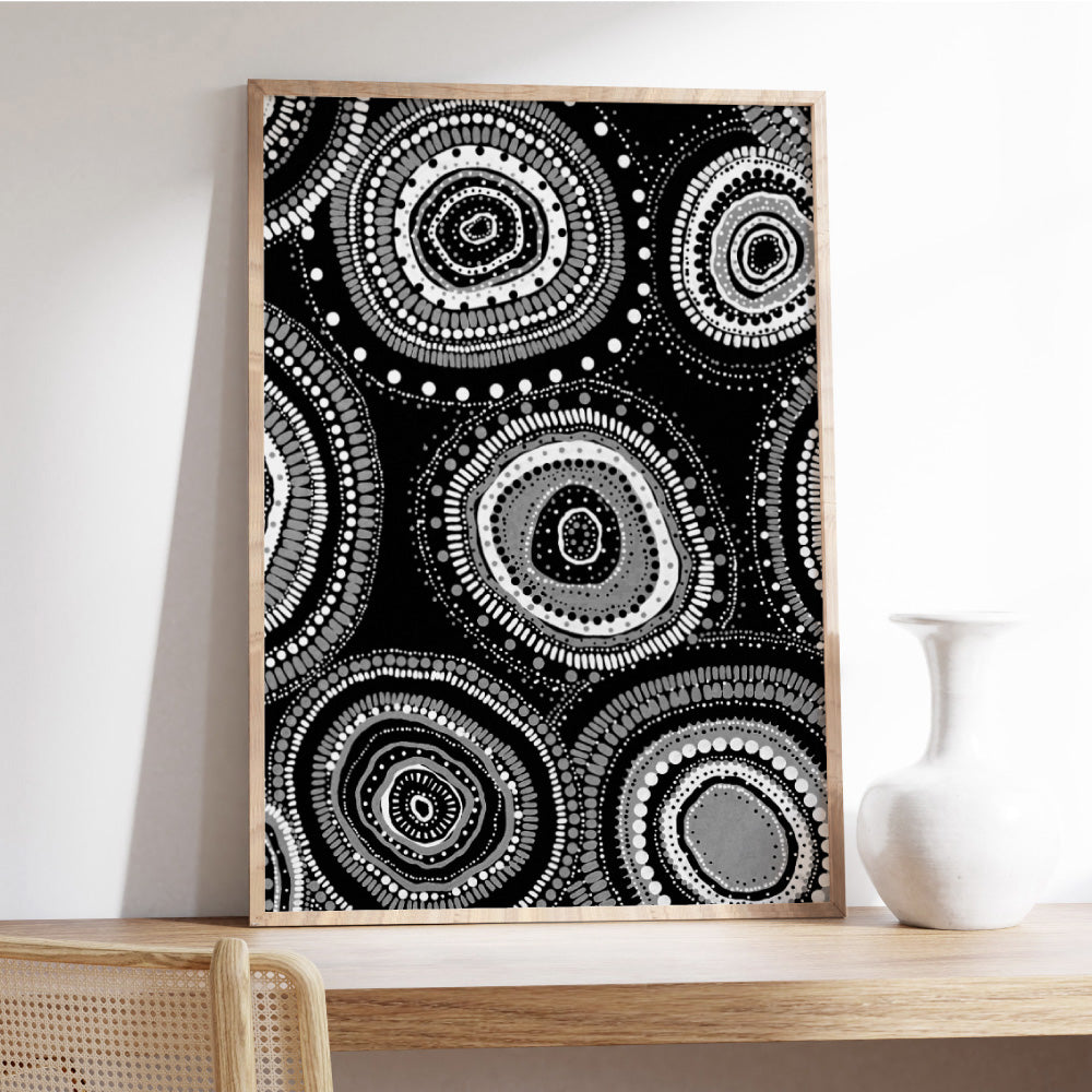 Dancing Bora Rings I B&W - Art Print by Leah Cummins, Poster, Stretched Canvas or Framed Wall Art Prints, shown framed in a room
