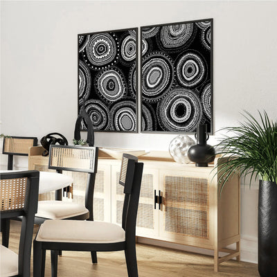 Dancing Bora Rings I B&W - Art Print by Leah Cummins, Poster, Stretched Canvas or Framed Wall Art, shown framed in a home interior space