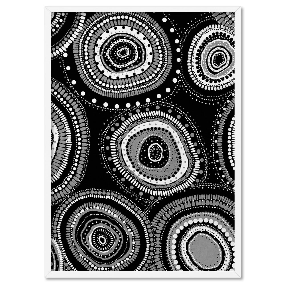 Dancing Bora Rings I B&W - Art Print by Leah Cummins, Poster, Stretched Canvas, or Framed Wall Art Print, shown in a white frame