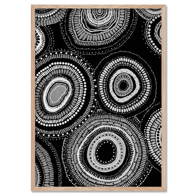 Dancing Bora Rings II B&W - Art Print by Leah Cummins, Poster, Stretched Canvas, or Framed Wall Art Print, shown in a natural timber frame