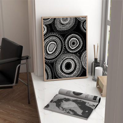 Dancing Bora Rings II B&W - Art Print by Leah Cummins, Poster, Stretched Canvas or Framed Wall Art Prints, shown framed in a room
