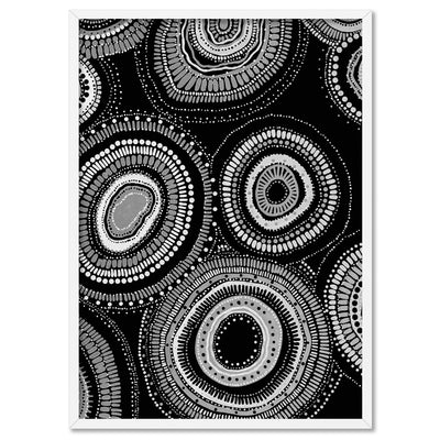 Dancing Bora Rings II B&W - Art Print by Leah Cummins, Poster, Stretched Canvas, or Framed Wall Art Print, shown in a white frame