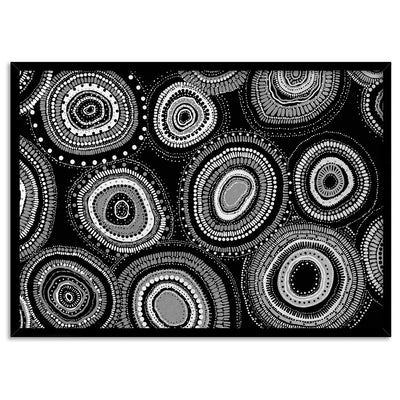 Dancing Bora Rings Landscape B&W - Art Print by Leah Cummins, Poster, Stretched Canvas, or Framed Wall Art Print, shown in a black frame