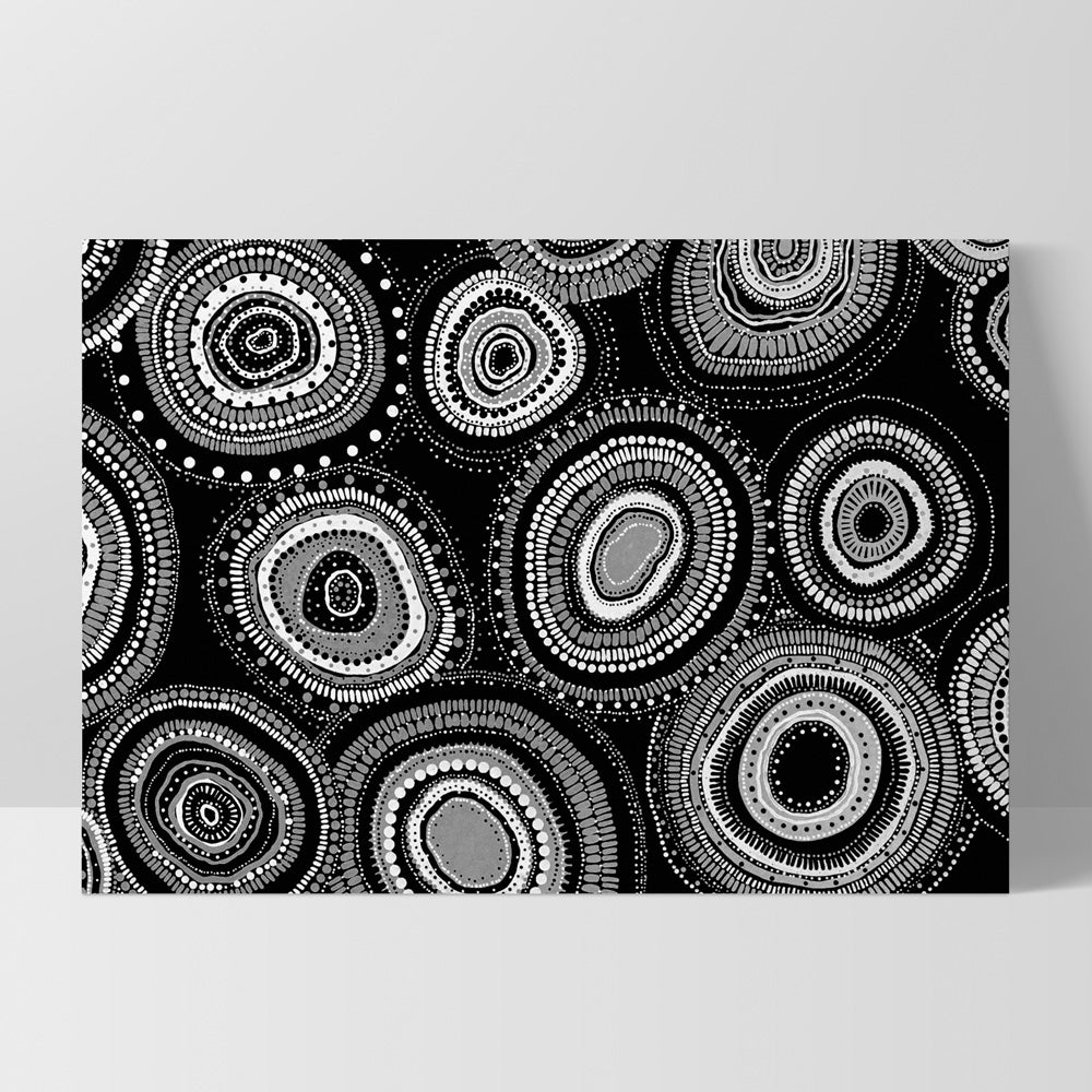 Dancing Bora Rings Landscape B&W - Art Print by Leah Cummins, Poster, Stretched Canvas, or Framed Wall Art Print, shown as a stretched canvas or poster without a frame