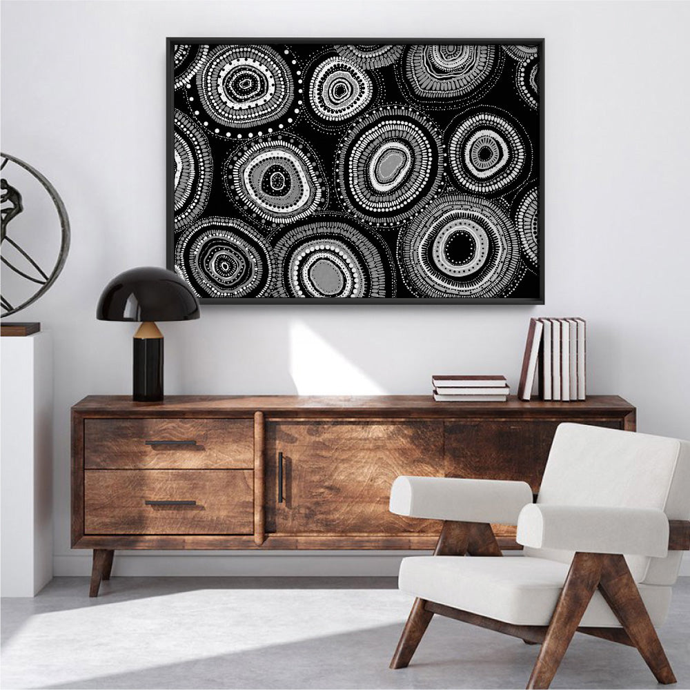 Dancing Bora Rings Landscape B&W - Art Print by Leah Cummins, Poster, Stretched Canvas or Framed Wall Art Prints, shown framed in a room