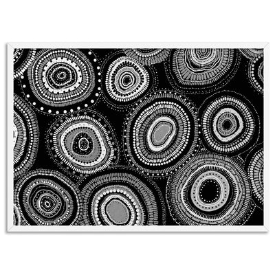 Dancing Bora Rings Landscape B&W - Art Print by Leah Cummins, Poster, Stretched Canvas, or Framed Wall Art Print, shown in a white frame