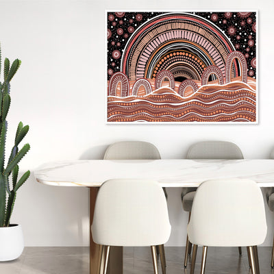 Windha Wiyala Night Sky in Landscape II - Art Print by Leah Cummins, Poster, Stretched Canvas or Framed Wall Art, shown framed in a home interior space