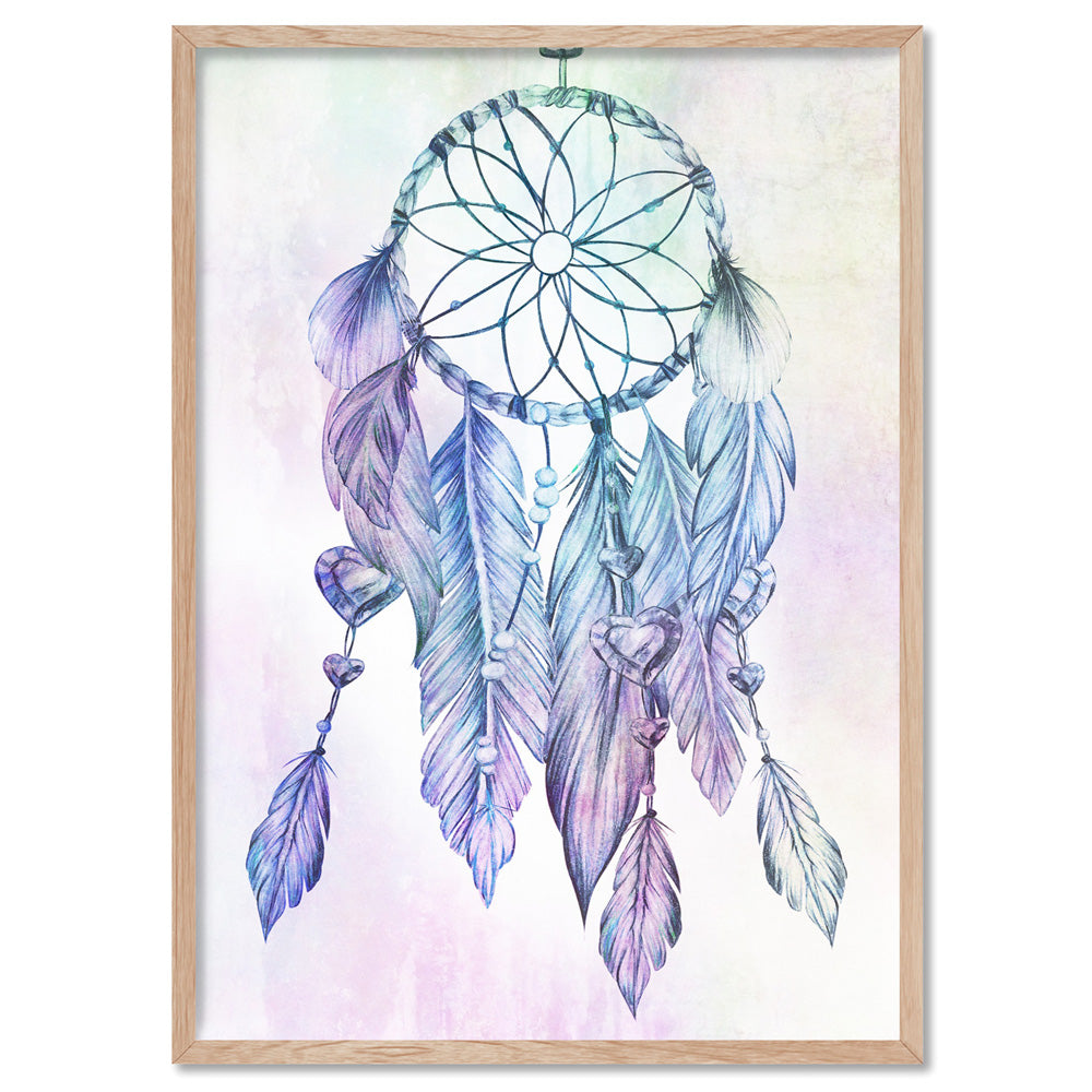Dreamcatcher in Rainbow - Art Print, Poster, Stretched Canvas, or Framed Wall Art Print, shown in a natural timber frame