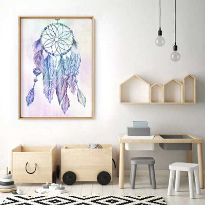 Dreamcatcher in Rainbow - Art Print, Poster, Stretched Canvas or Framed Wall Art, shown framed in a room