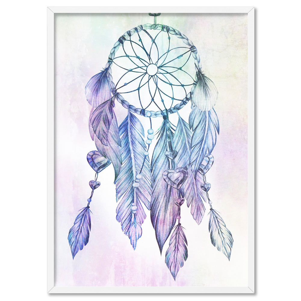 Dreamcatcher in Rainbow - Art Print, Poster, Stretched Canvas, or Framed Wall Art Print, shown in a white frame