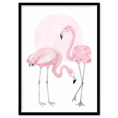 Flamingo Duo in Watercolours - Art Print, Poster, Stretched Canvas, or Framed Wall Art Print, shown in a black frame