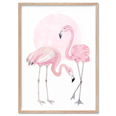 Flamingo Duo in Watercolours - Art Print, Poster, Stretched Canvas, or Framed Wall Art Print, shown in a natural timber frame