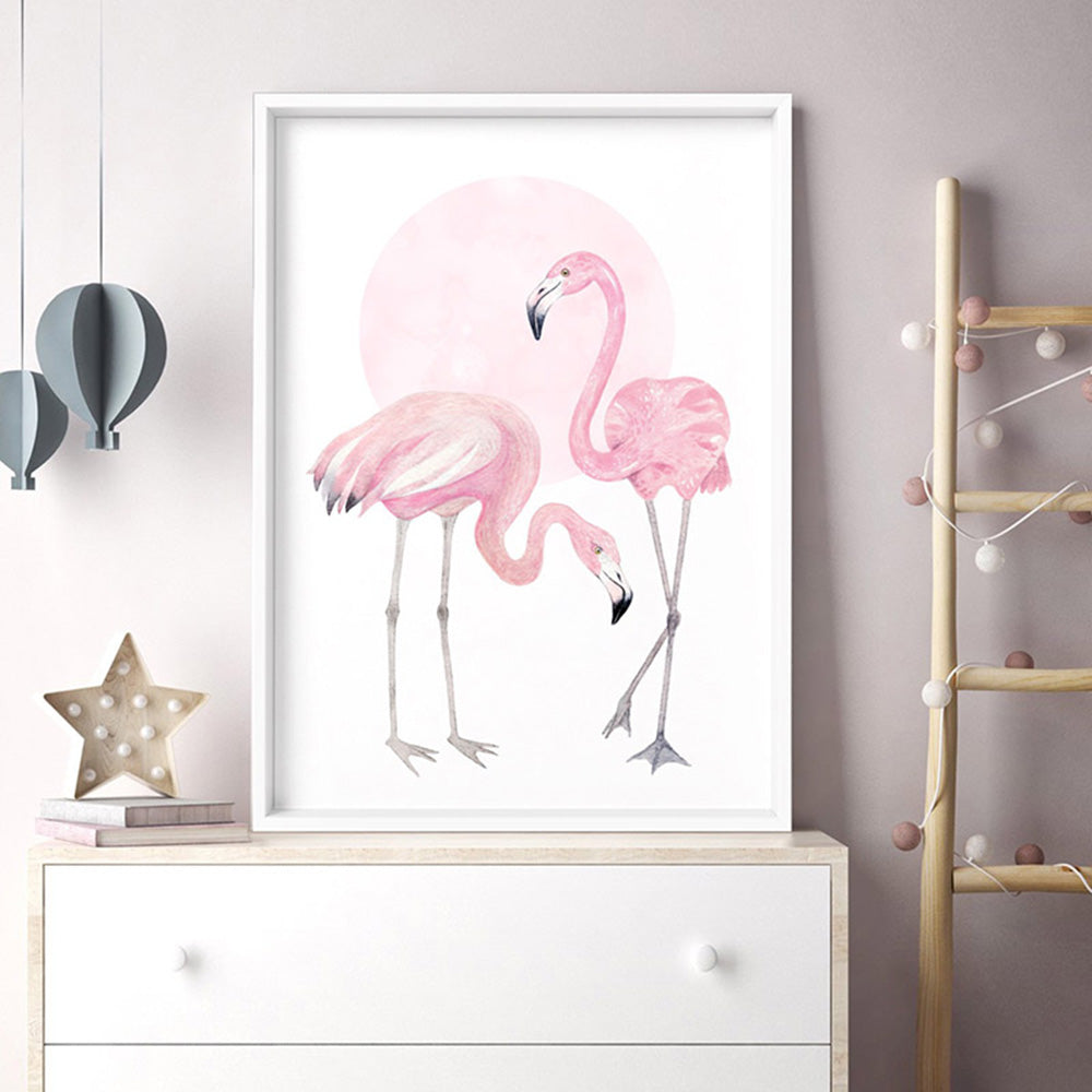 Flamingo Duo in Watercolours - Art Print, Poster, Stretched Canvas or Framed Wall Art, shown framed in a room