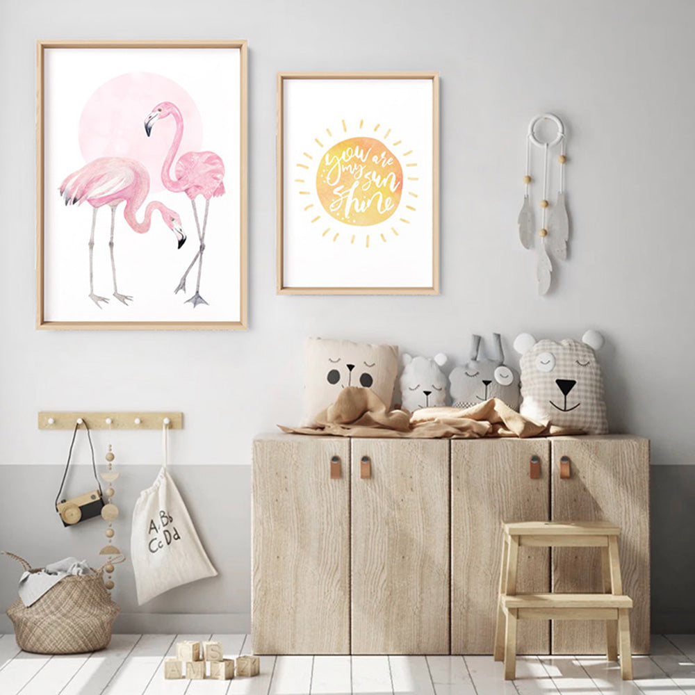 Flamingo Duo in Watercolours - Art Print, Poster, Stretched Canvas or Framed Wall Art, shown framed in a home interior space