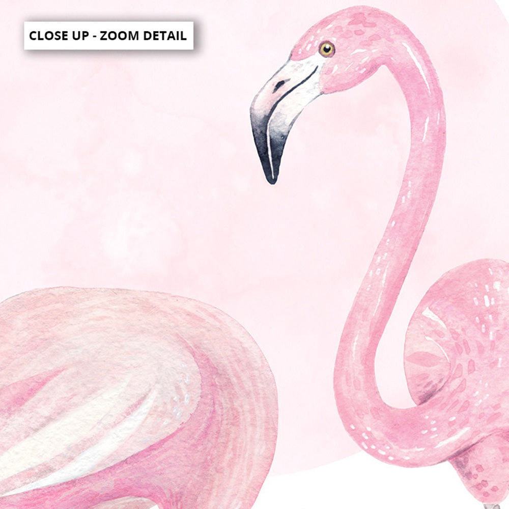 Flamingo Duo in Watercolours - Art Print, Poster, Stretched Canvas or Framed Wall Art, Close up View of Print Resolution