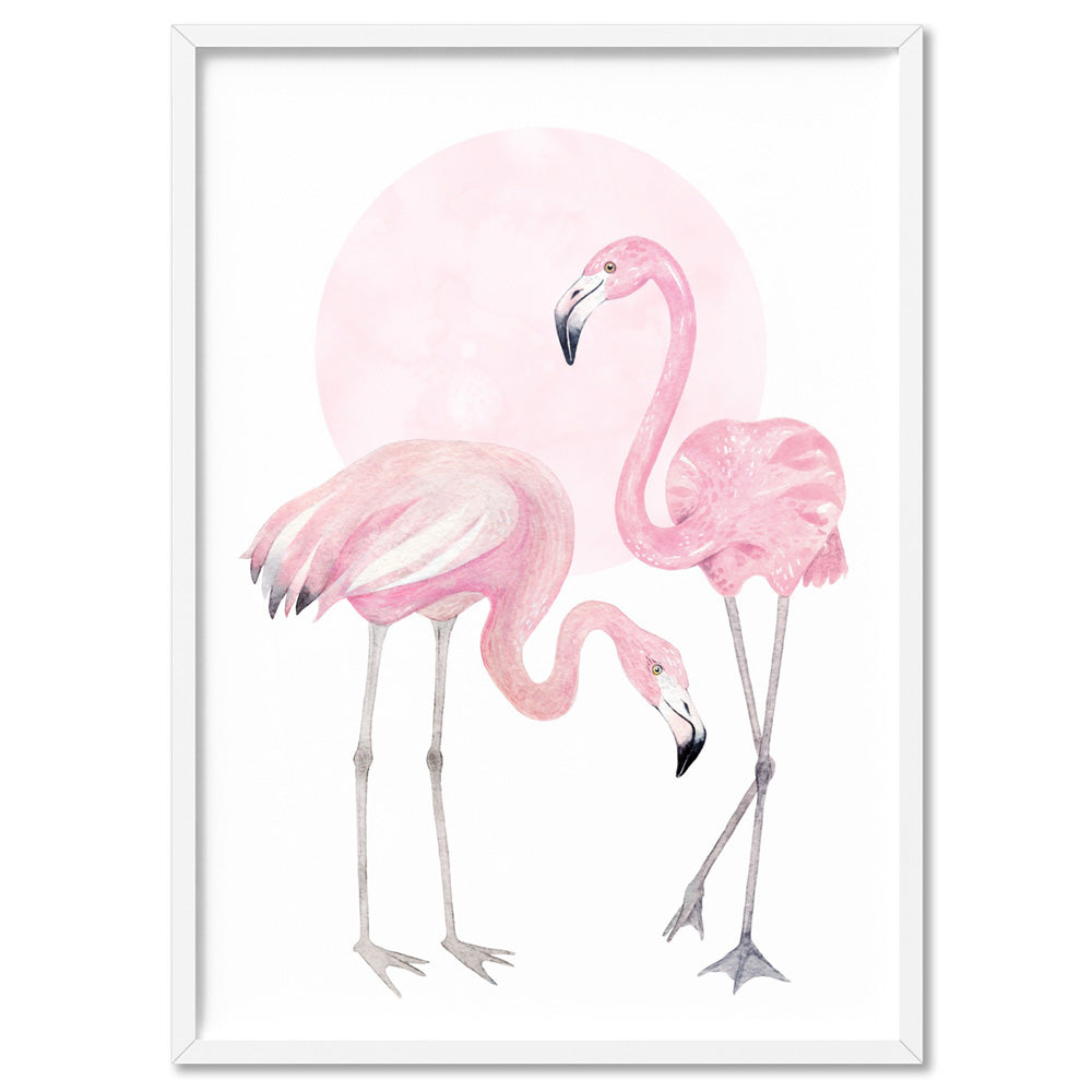 Flamingo Duo in Watercolours - Art Print, Poster, Stretched Canvas, or Framed Wall Art Print, shown in a white frame