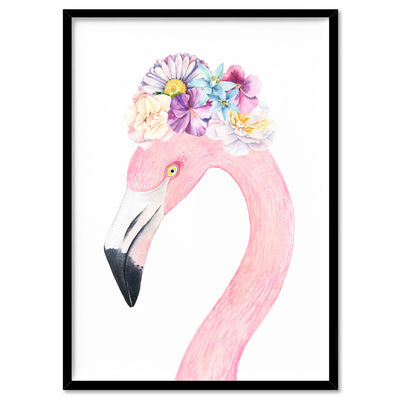 Flamingo in Floral Crown, Watercolours - Art Print, Poster, Stretched Canvas, or Framed Wall Art Print, shown in a black frame