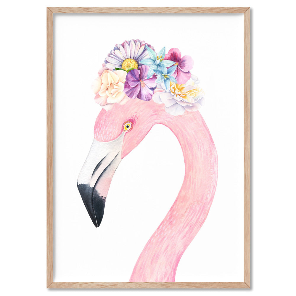 Flamingo in Floral Crown, Watercolours - Art Print, Poster, Stretched Canvas, or Framed Wall Art Print, shown in a natural timber frame